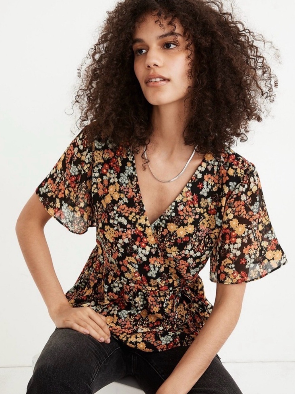 Madewell Black Floral Wrap Peplum Top
